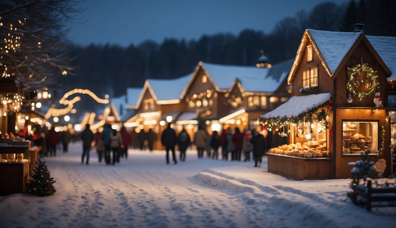 A cozy scene of twinkling lights, festive decorations, and bustling market stalls filled with holiday treats and gifts, set against a backdrop of snow-covered trees and a charming Christmas village