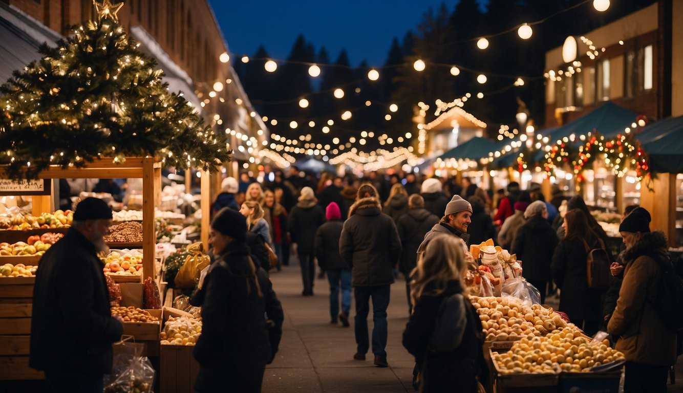 A festive scene with vendors selling holiday food and gifts at the Tacoma Christmas market in Washington State, bustling with visitors and adorned with twinkling lights and colorful decorations