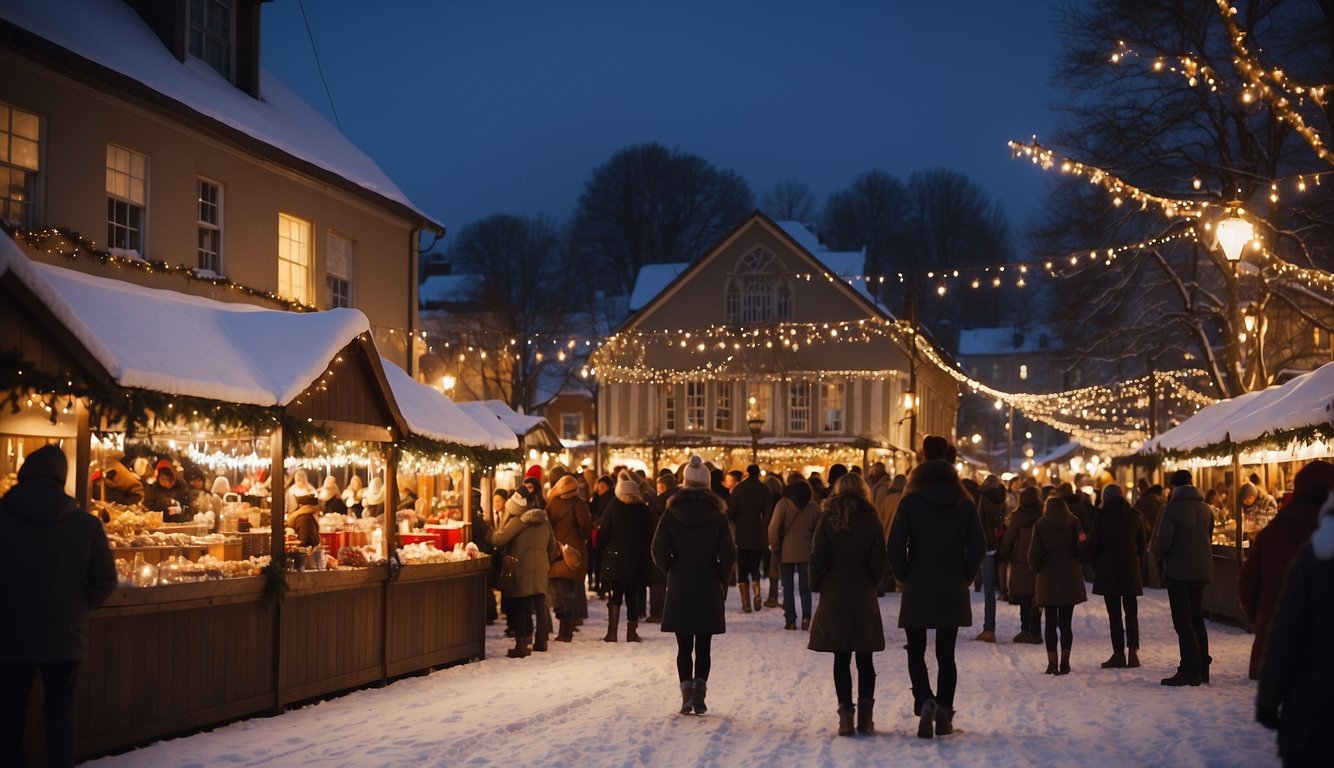 Snow-covered market stalls line the streets, adorned with twinkling lights and festive decorations. Visitors sip hot cocoa and browse handmade crafts while carolers fill the air with joyful music