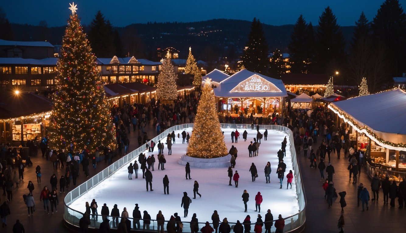 The Bellevue Magic Season Ice Arena glows with festive lights, surrounded by Christmas markets bustling with cheerful visitors in Washington State 2024