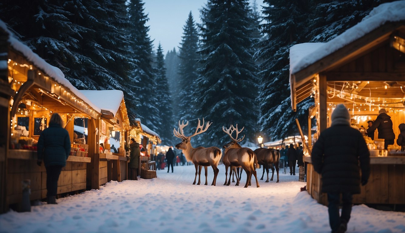 Reindeer grazing in a snowy forest clearing, surrounded by festive Christmas market stalls and twinkling lights in Issaquah, Washington State 2024