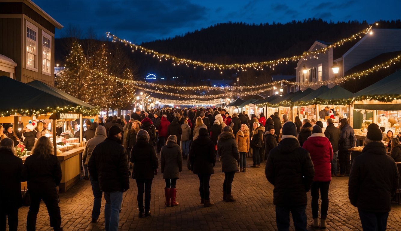 The Anacortes Holiday Market bustles with festive activity, as vendors display their wares under twinkling lights. The aroma of hot cocoa and cinnamon fills the air, while carolers serenade shoppers