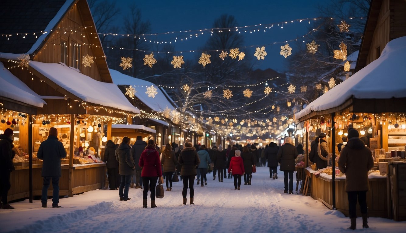 Snow-covered market stalls line the streets, adorned with twinkling lights and festive decorations. Visitors browse handmade crafts and local artwork while sipping hot cocoa. The air is filled with the sounds of holiday music and laughter