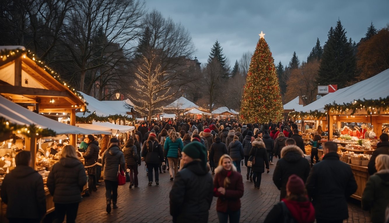 A festive holiday market with twinkling lights, decorated stalls, and a towering Christmas tree surrounded by joyful shoppers in Washington State