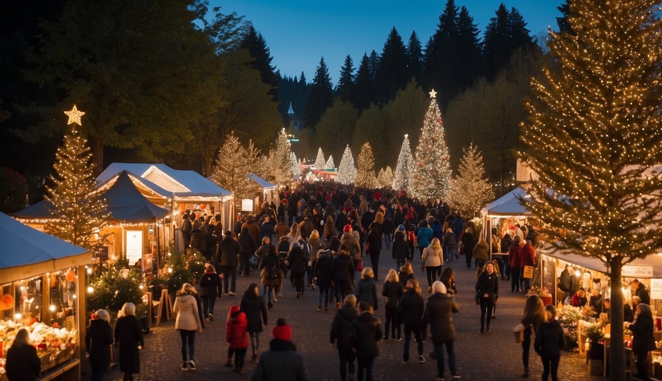 A festive scene with twinkling lights, decorated trees, and bustling market stalls at the Mountlake Terrace Tree Lighting Christmas Markets in Washington State 2024