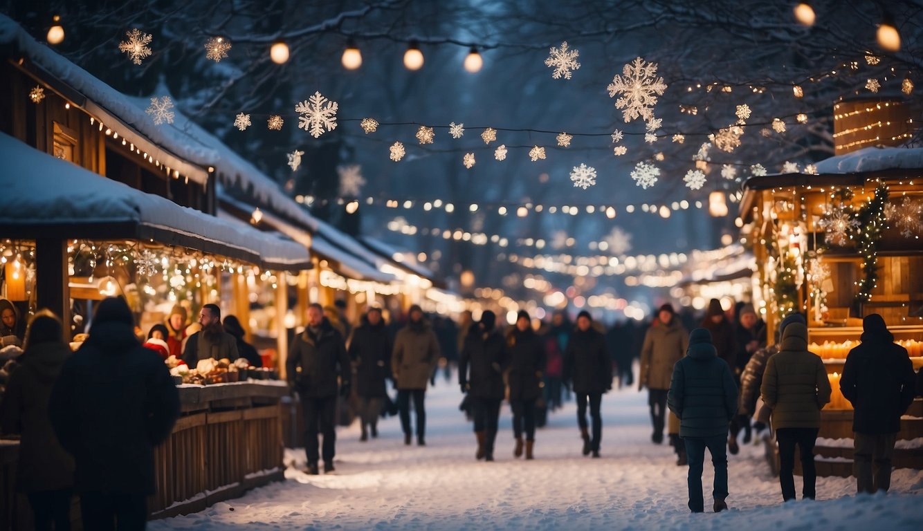 The festival is alive with twinkling lights, festive stalls, and the sound of chimes. Snowflakes gently fall, adding to the magical atmosphere