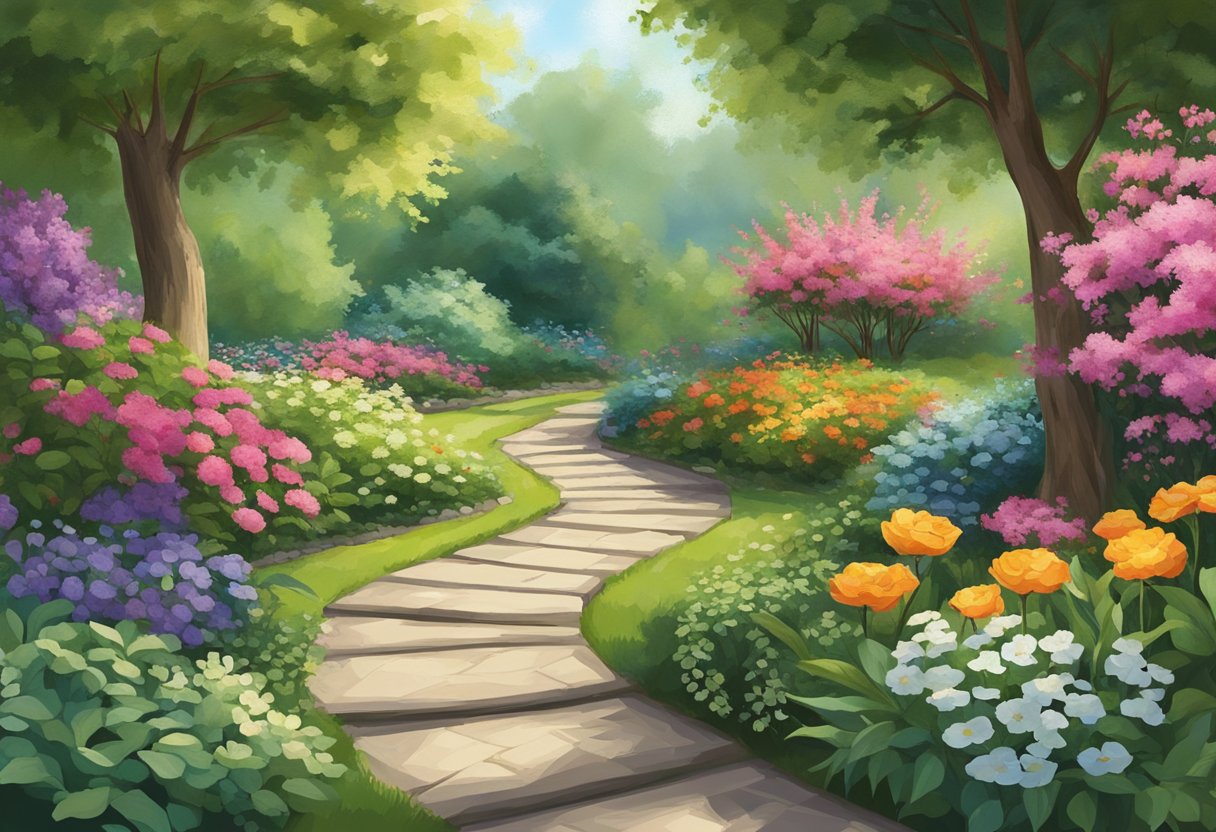 A serene garden with a winding path leading to a peaceful oasis, surrounded by vibrant flowers and lush greenery, symbolizing hope and healing for those with polyneuropathy