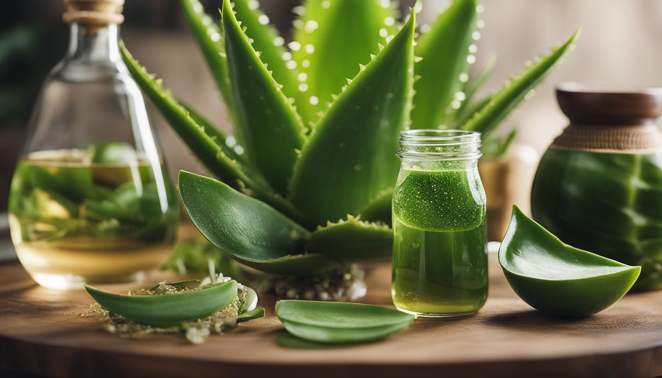 Aloe vera leaves and ingredients for detox drinks arranged on a table