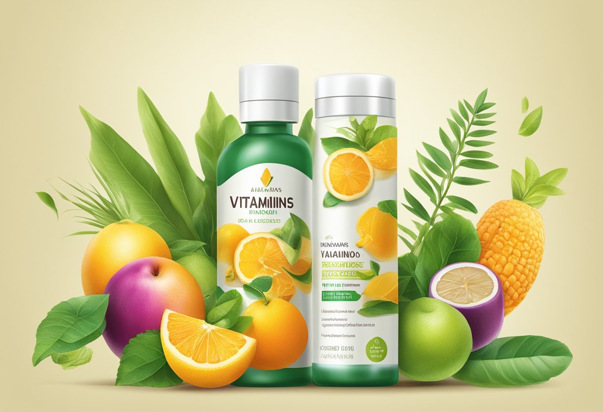 A bottle of "Vitaminas para rejuvenescer a pele do rosto" with vibrant, youthful imagery and natural ingredients