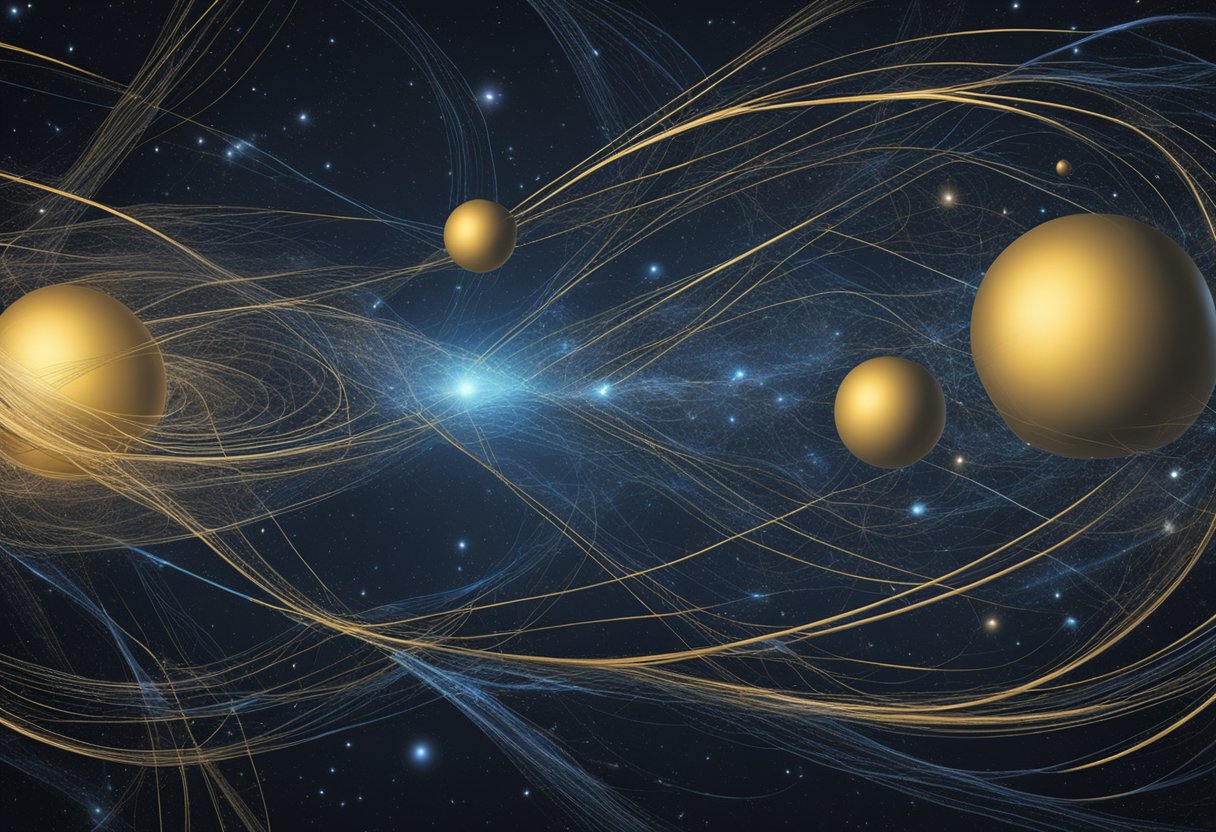 Quantum entanglement, dark matter, and the nature of gravity remain unsolved mysteries in physics.</p><p>The scene could depict abstract representations of these concepts intertwined with celestial bodies and intricate patterns