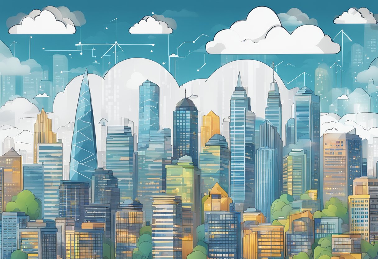 A bustling city skyline with data clouds floating above, representing Salesforce Data Cloud's integration and management of vast amounts of information