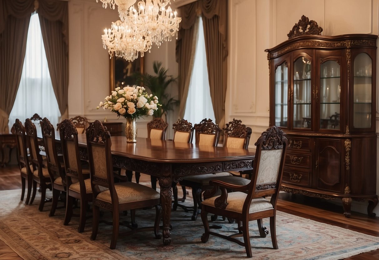 A room filled with elegant rosewood furniture, including a polished dining table, intricately carved chairs, and a grand cabinet with ornate details