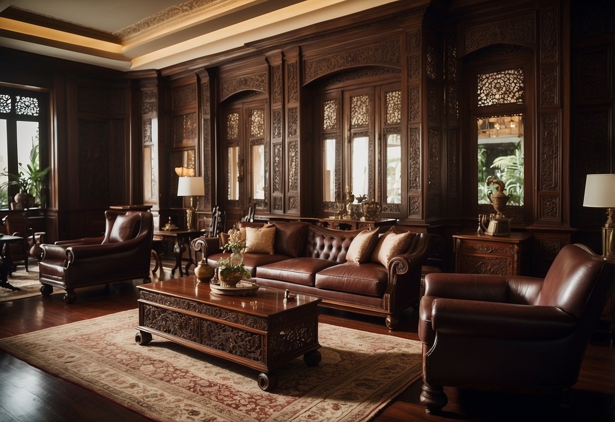 A room filled with elegant rosewood furniture, featuring intricate carvings and rich, dark hues. Light filters through the windows, casting warm shadows across the polished surfaces