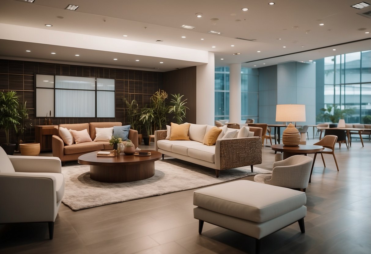 A spacious showroom displays modern Suntec furniture in a well-lit setting with clean lines and contemporary designs