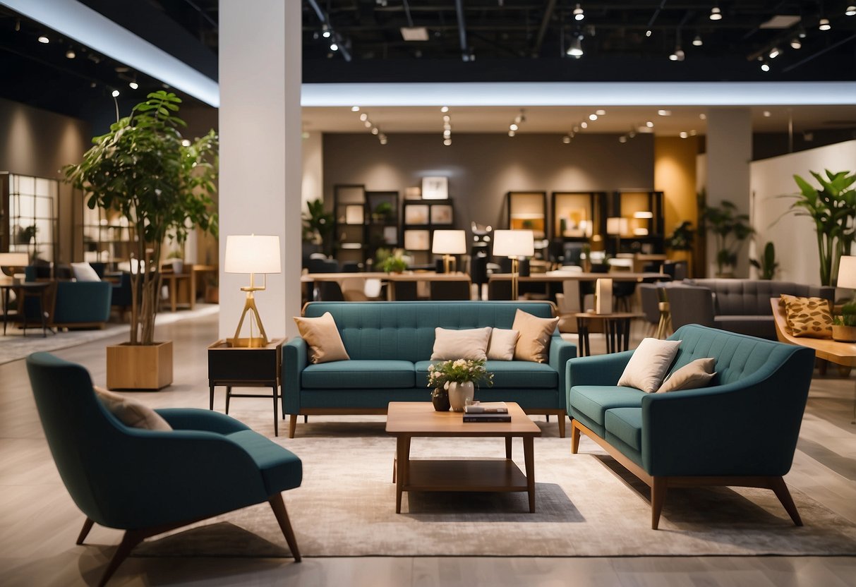 Customers browsing modern furniture displays at Suntec Furniture showroom. Brightly lit, spacious, and well-organized with sleek designs and comfortable seating options