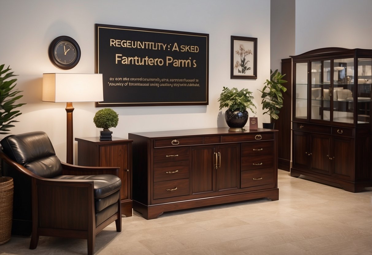 A showroom display of rosewood furniture with a sign reading "Frequently Asked Questions" beside it