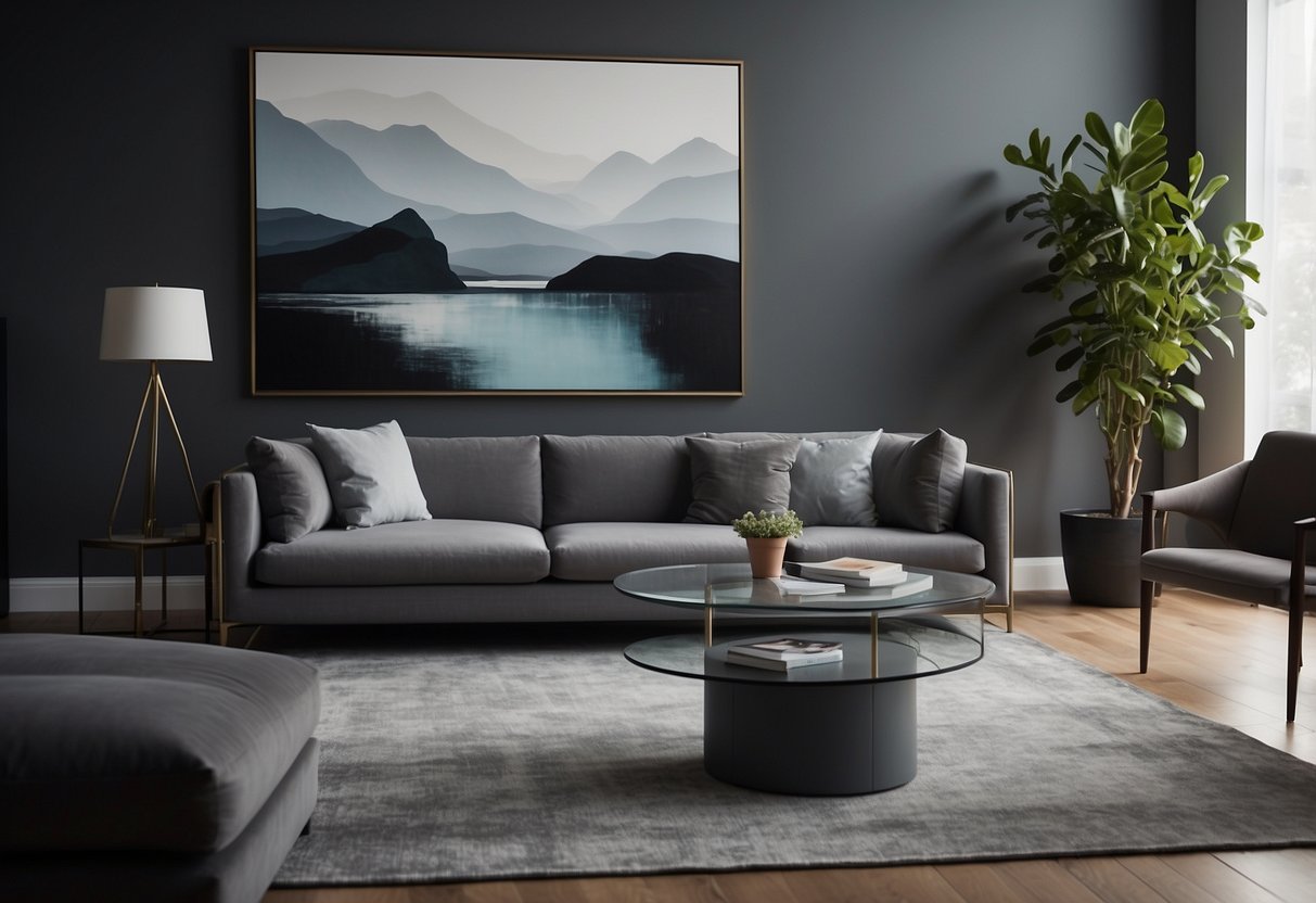 A modern living room with a sleek gray sofa, a glass coffee table, and a contemporary floor lamp. A large abstract painting hangs on the wall, and a potted plant sits in the corner