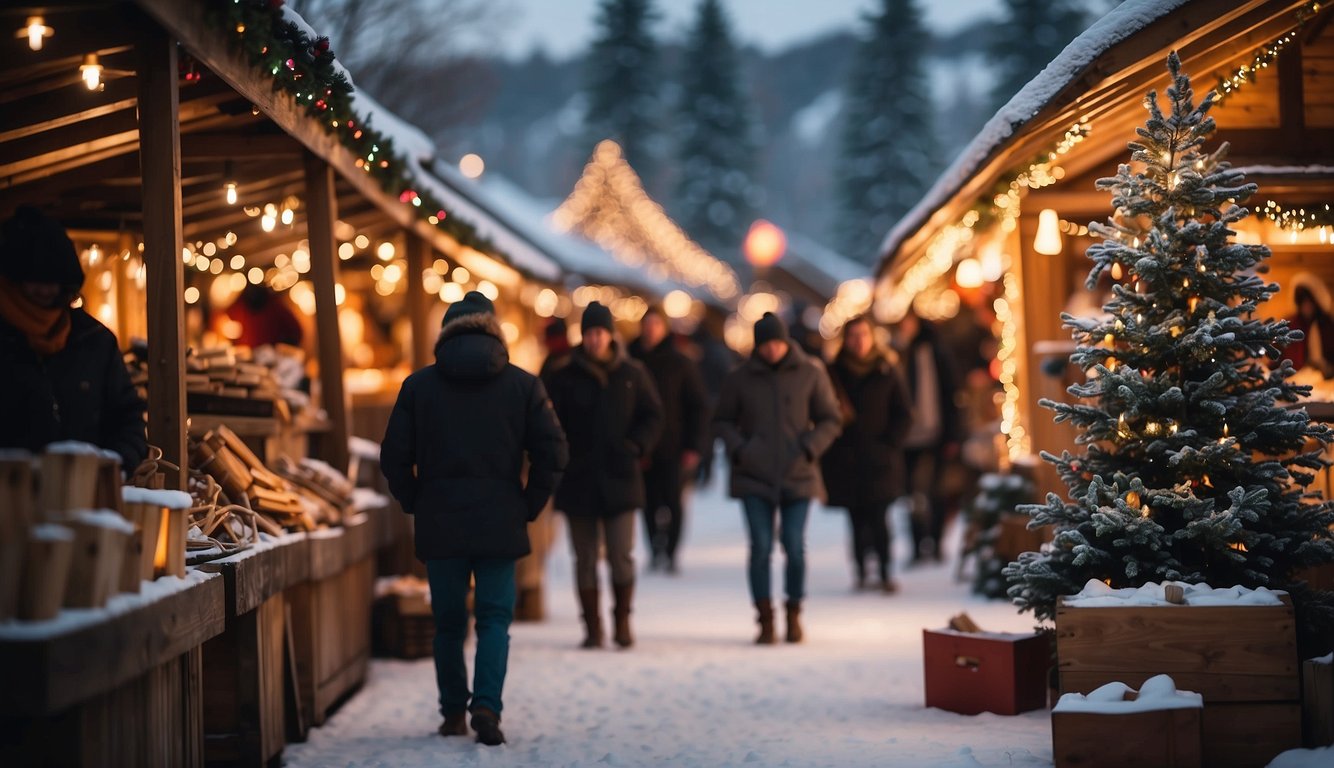 Crowds gather at Christmas markets in North Dakota 2024. Festive lights adorn wooden stalls selling handmade crafts and seasonal treats. Snowflakes gently fall, adding to the magical atmosphere