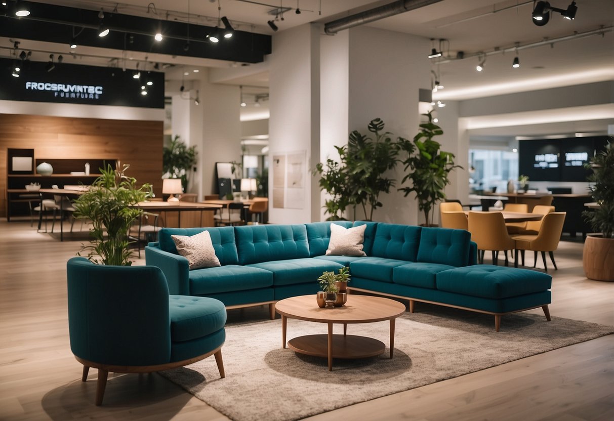 A bright, modern showroom filled with sleek furniture displays. A sign above reads "Frequently Asked Questions suntec furniture."