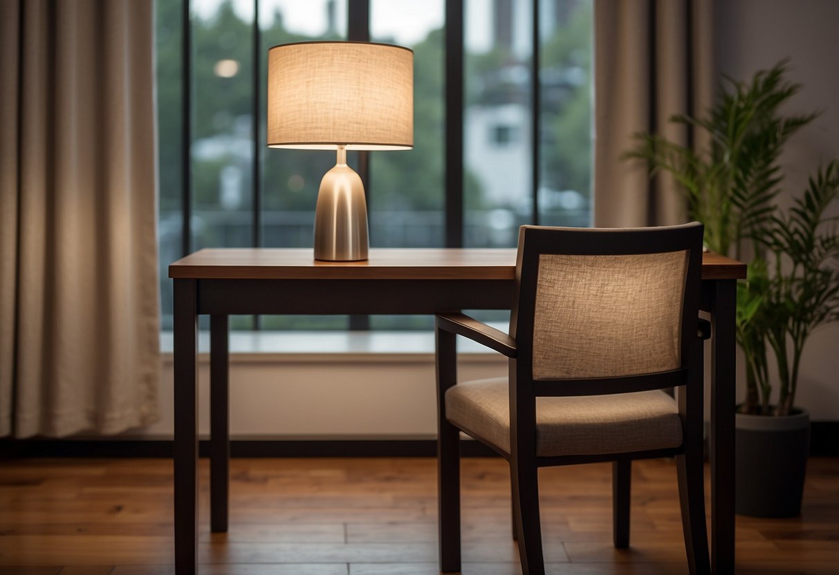 A room with a table, chair, and lamp. The table is rectangular with a wood finish. The chair has a cushioned seat and backrest. The lamp has a metal base and a fabric shade