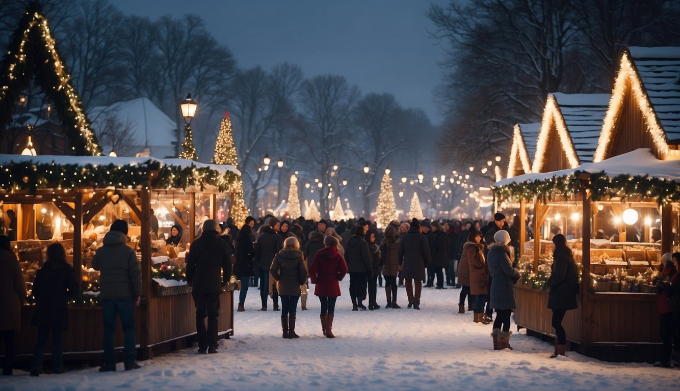 Snow-covered stalls line the park, adorned with twinkling lights and festive decorations. A giant Christmas tree stands in the center, surrounded by joyful visitors and the aroma of hot cocoa and roasted chestnuts