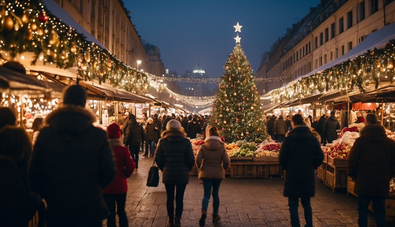 Bustling market with colorful stalls, twinkling lights, and a festive atmosphere. A giant Christmas tree stands in the center, surrounded by joyful visitors