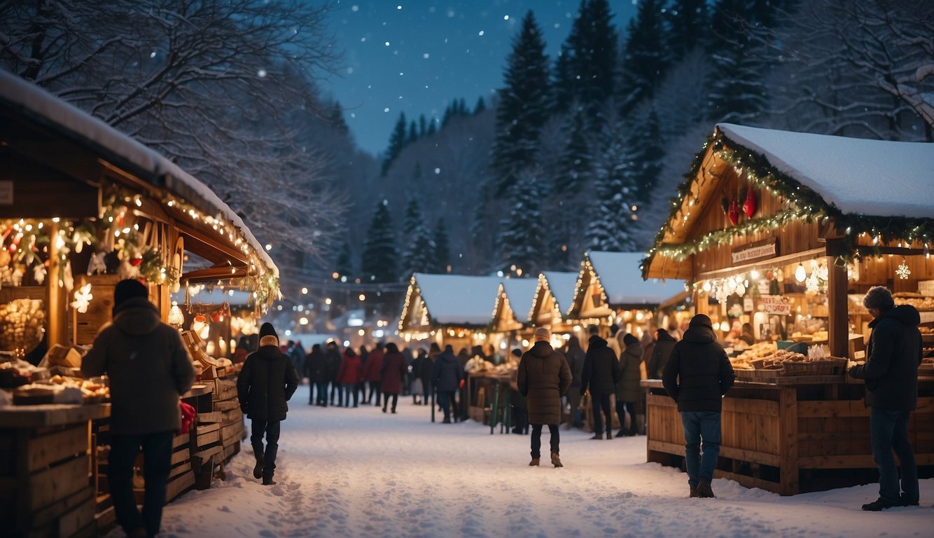 Snow-covered market stalls, adorned with twinkling lights and festive decorations, surrounded by towering snow-capped trees, with a backdrop of a winter wonderland landscape