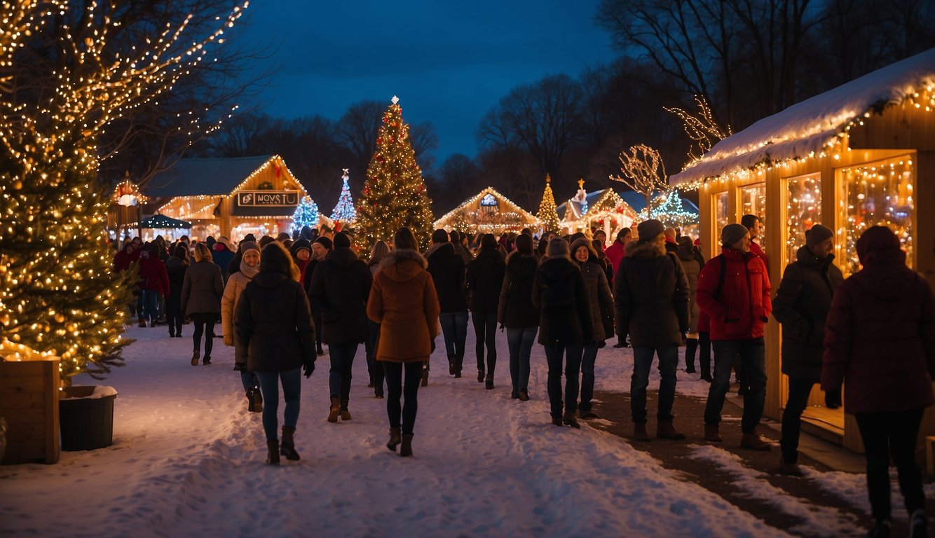 Vibrant holiday lights illuminate the festive atmosphere of Lindenwood Park Christmas Markets, creating a warm and inviting ambiance for visitors in North Dakota 2024