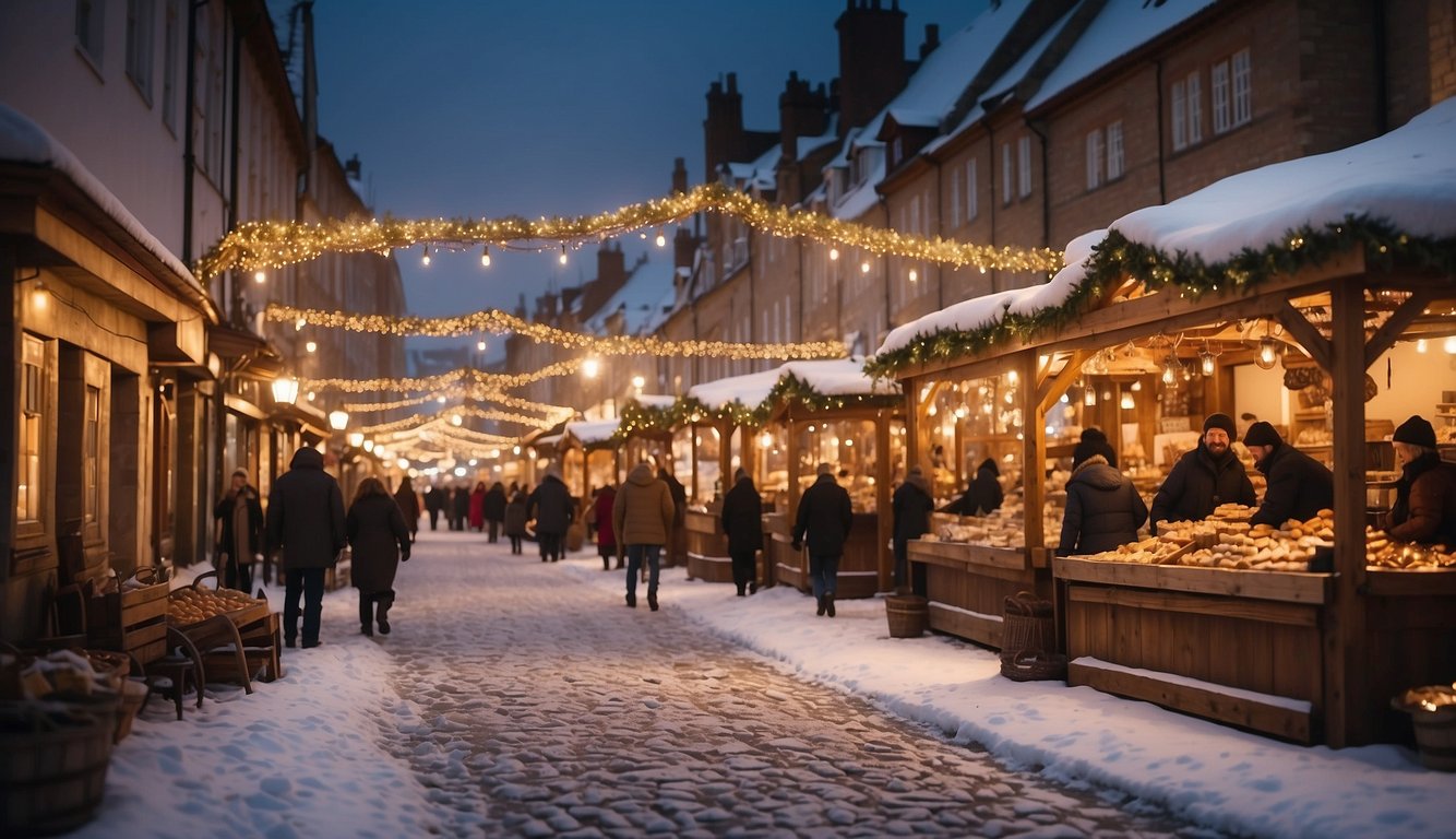 Snow-covered cobblestone streets lined with festive wooden stalls selling handmade crafts and warm treats, surrounded by historic buildings adorned with twinkling lights and garlands