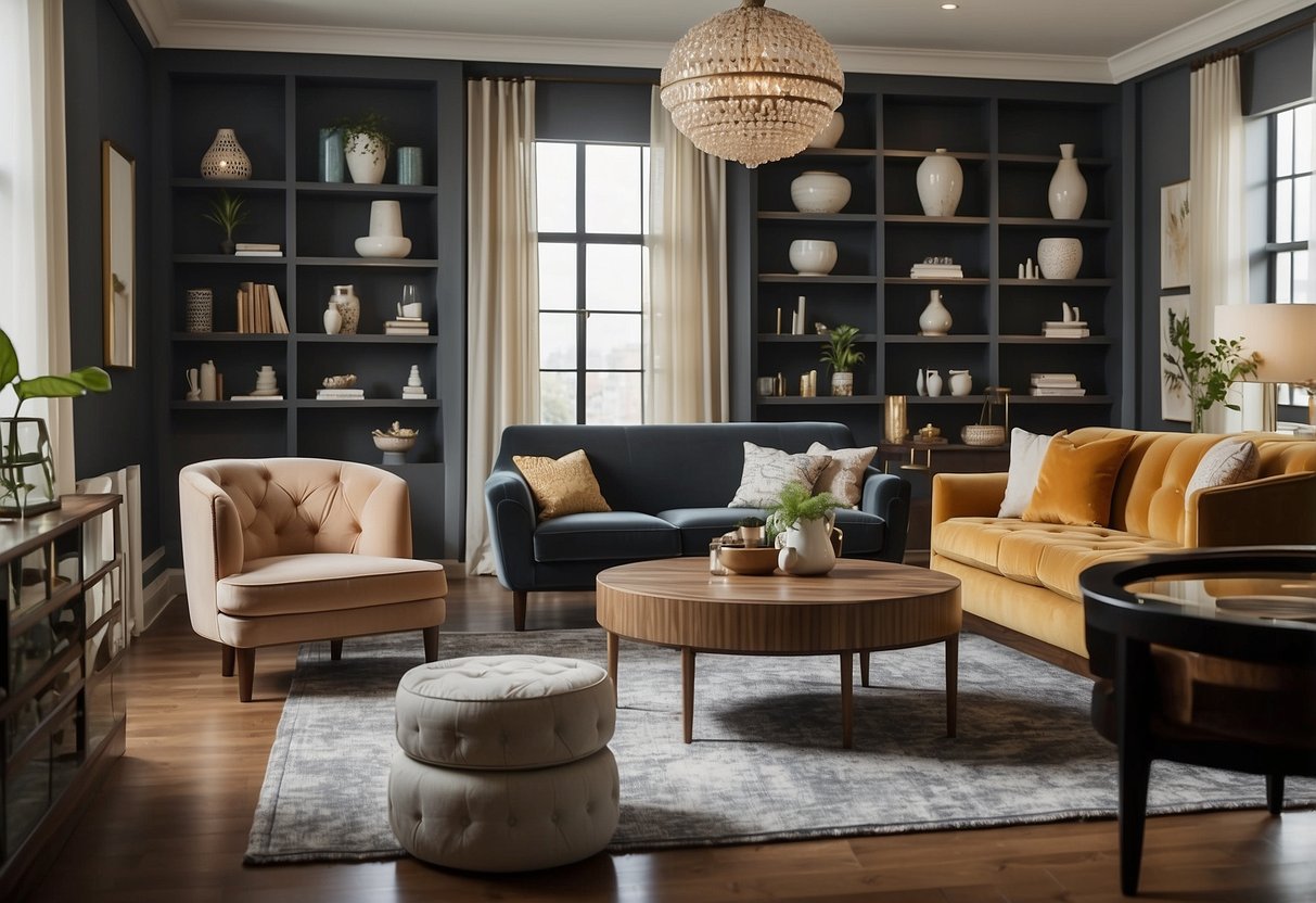 A room with a variety of furniture pieces, including chairs, tables, and shelves, arranged in an organized and aesthetically pleasing manner