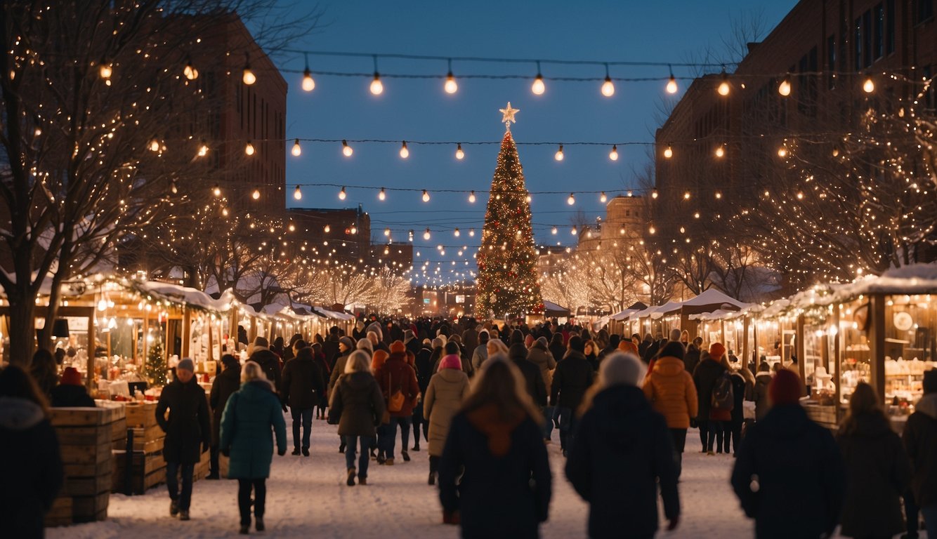 The bustling Downtown Fargo Holiday Market is filled with festive stalls, twinkling lights, and joyful shoppers, creating a magical Christmas atmosphere in North Dakota