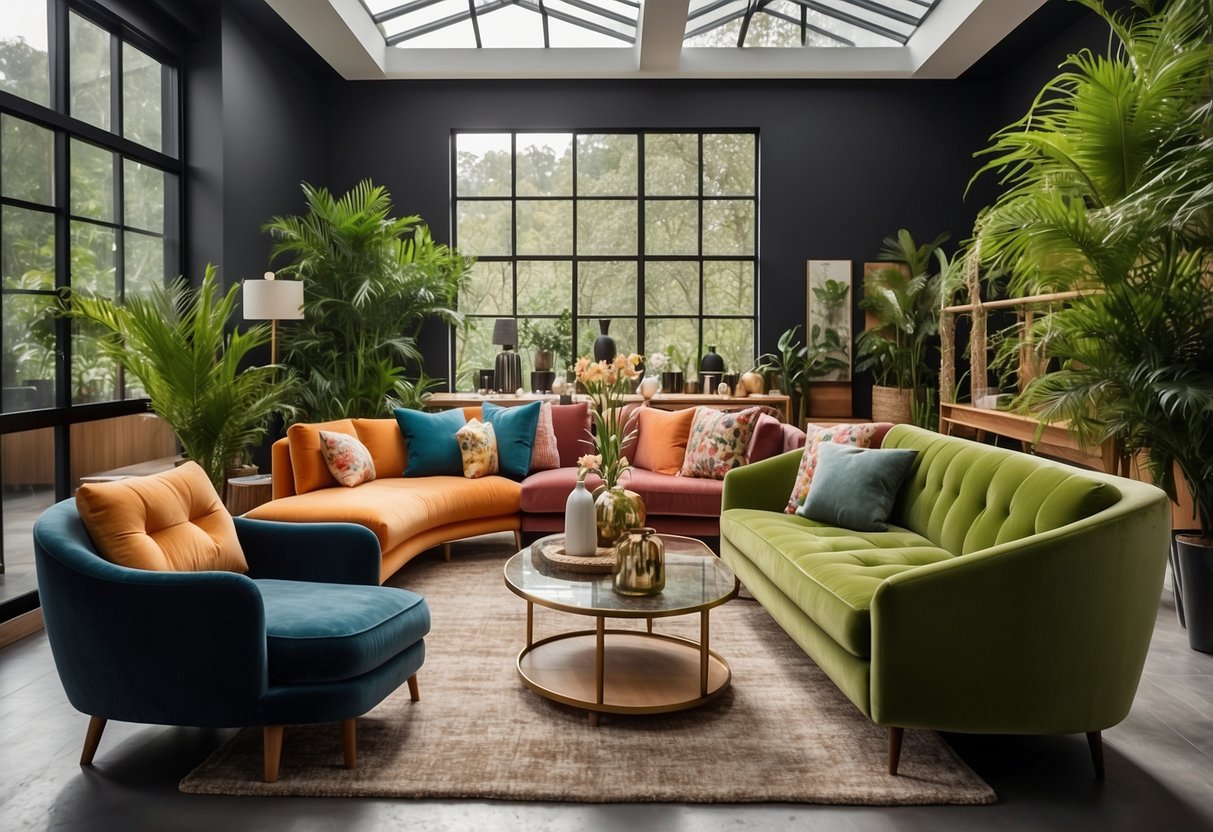 A colorful array of modern and traditional furniture fills the showroom, with sleek lines and vibrant fabrics, set against a backdrop of lush greenery