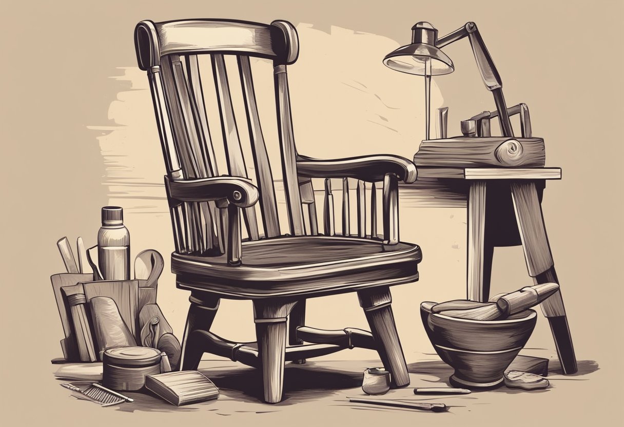 A vintage armchair sits in a workshop, surrounded by tools and wood shavings. A craftsman carefully sands and varnishes the chair, restoring its classic beauty