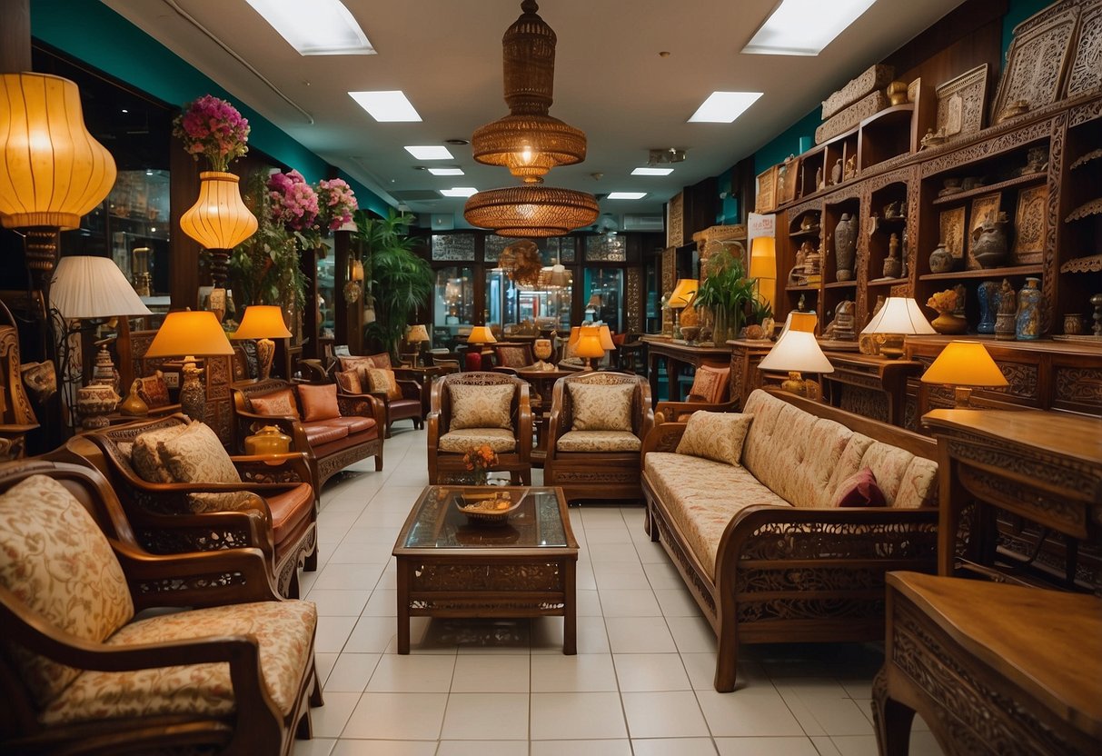 A bustling geylang furniture shop with rows of intricately carved wooden chairs and tables, colorful fabric sofas, and shelves stacked high with decorative lamps and vases