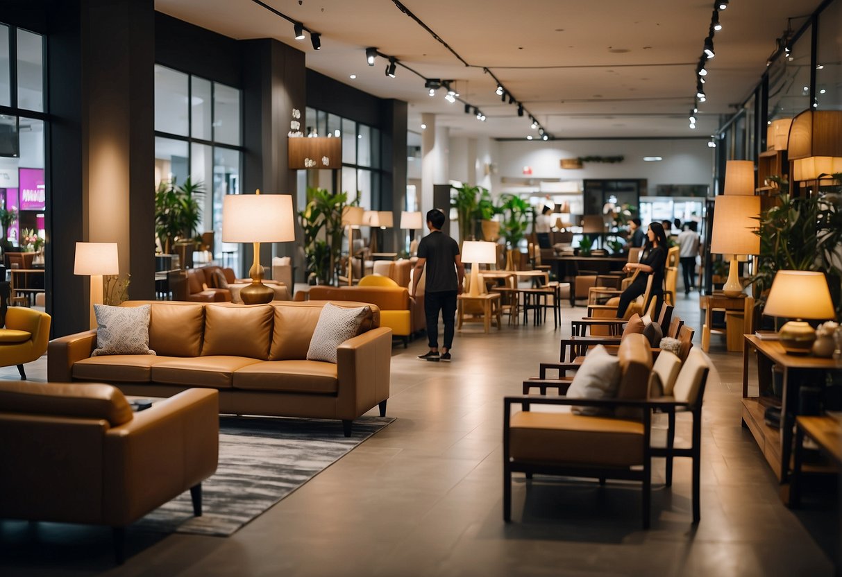 Customers browsing through modern and traditional furniture displays in a spacious Geylang furniture shop