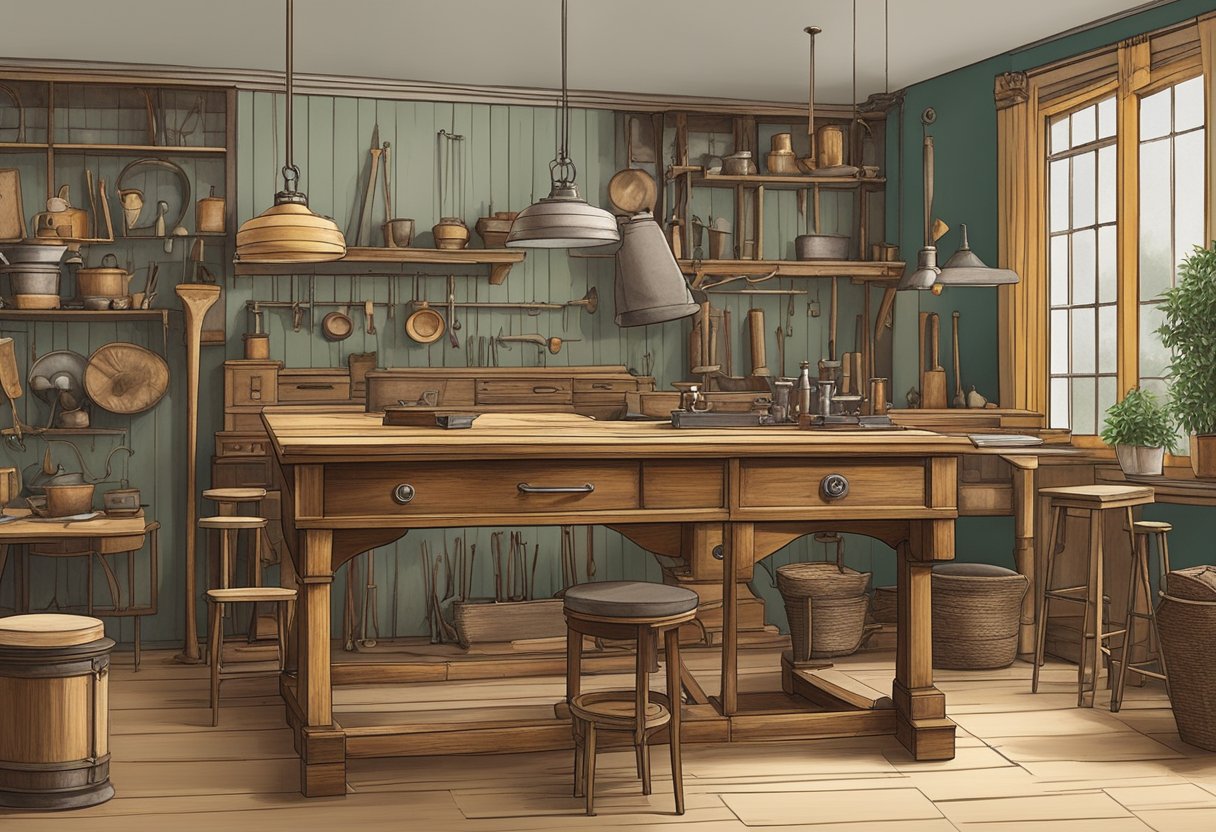 A workshop filled with vintage furniture being meticulously restored and redesigned by skilled craftsmen
