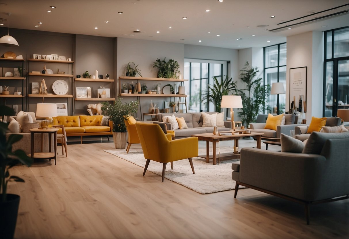 A bright and inviting furniture shop with friendly staff assisting customers and a wide range of stylish and modern furniture on display