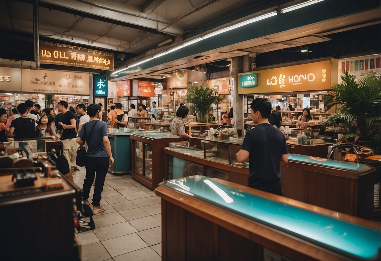 A bustling furniture shop in Geylang, with customers browsing and staff assisting. Colorful displays and signage are prominent