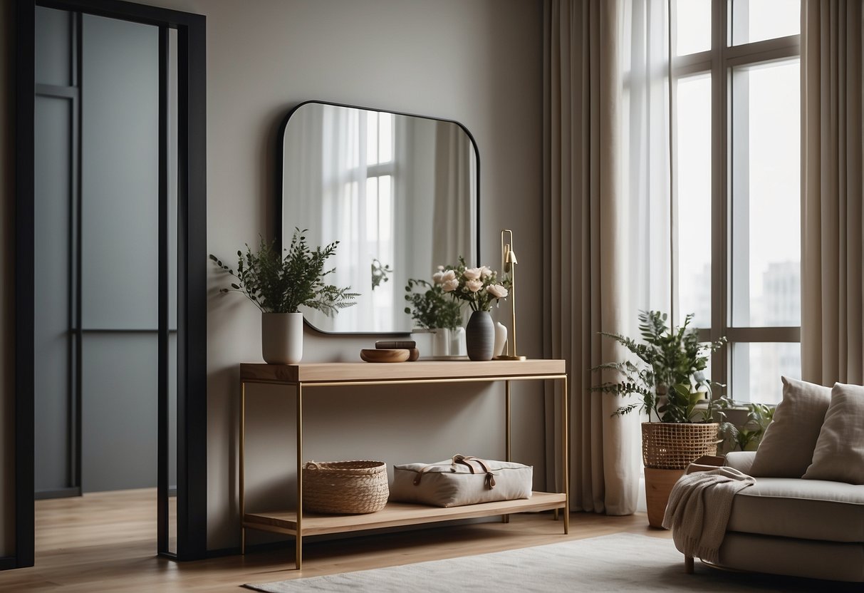The hallway is adorned with a sleek console table, a large mirror, and a modern coat rack. The furniture is minimalist in design, with clean lines and a neutral color palette