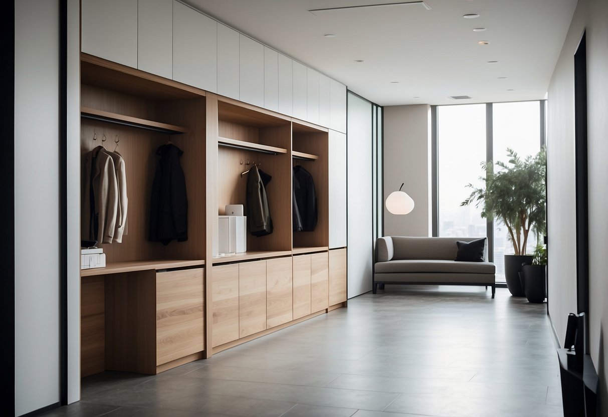 A sleek, modern hallway with built-in storage units and organization solutions. Clean lines, minimalistic design, and functional furniture