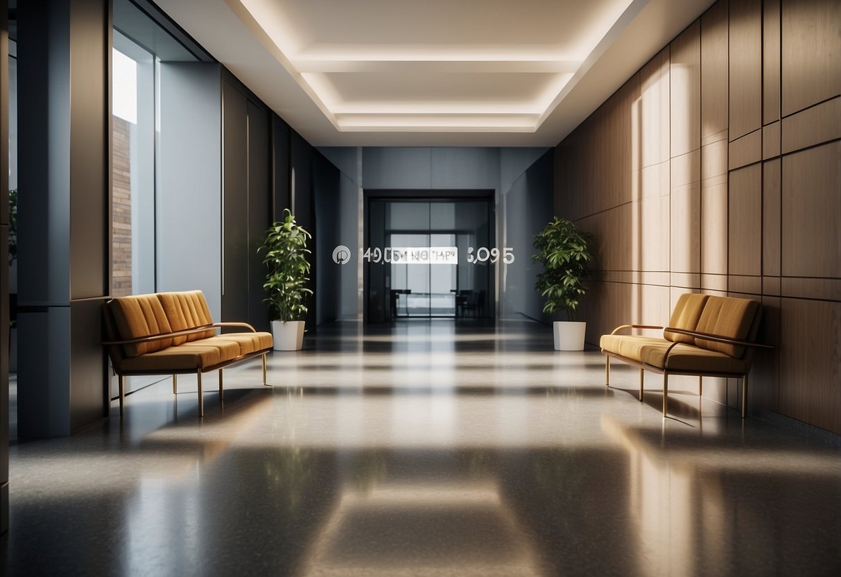 A hallway with modern, minimalist furniture arranged neatly. A sign above reads "Frequently Asked Questions."