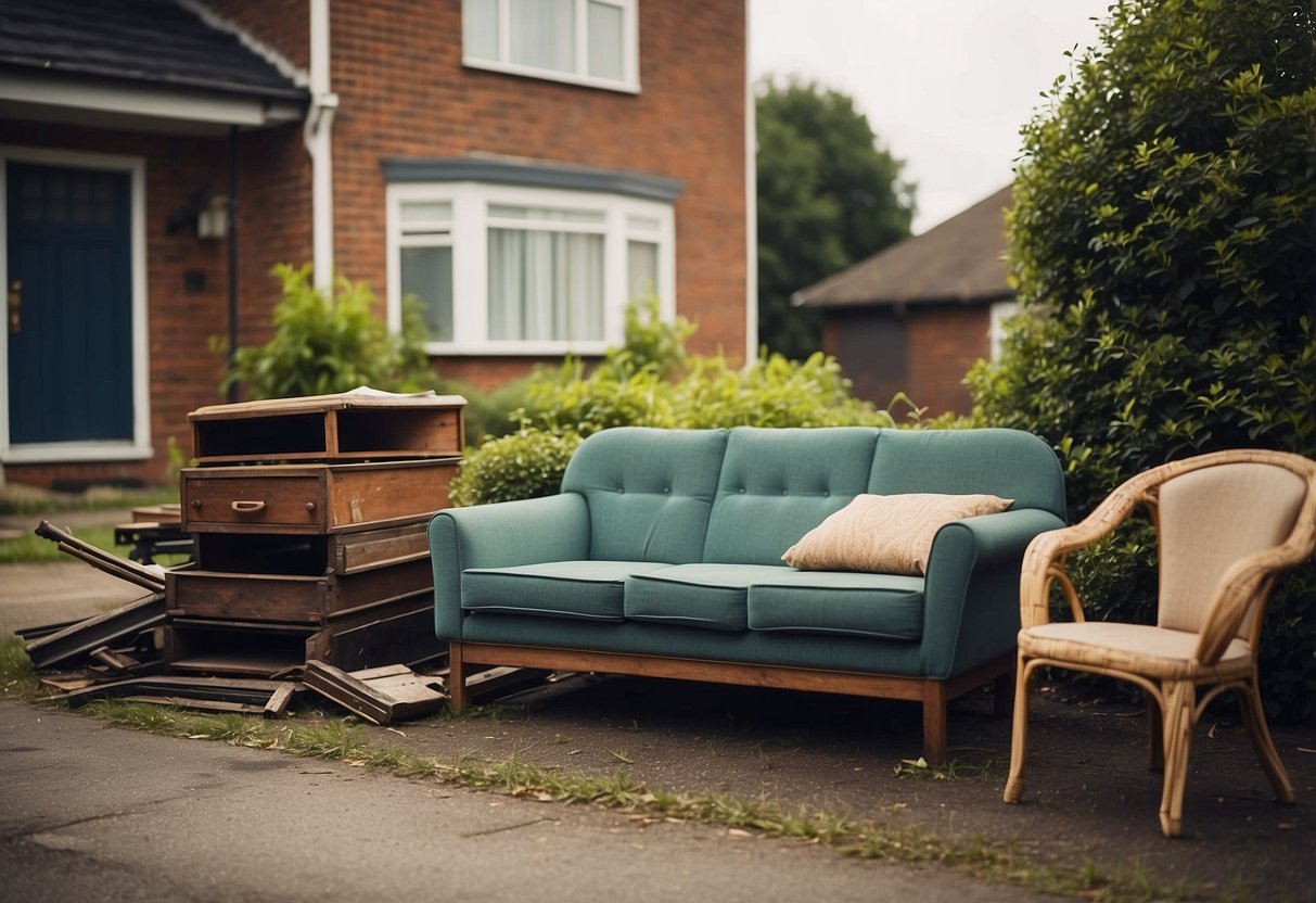 A pile of old furniture sits outside a house, ready for disposal. The items include a worn-out sofa, a broken table, and a set of chairs