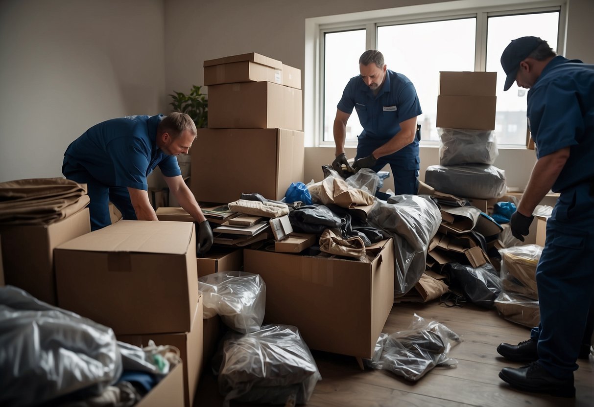 A cluttered room with old furniture being removed by a disposal team. Items are being carried out and loaded onto a truck for removal