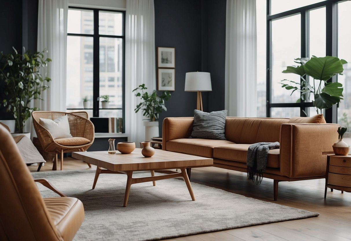 A modern living room with sleek hipvan furniture, including a minimalist sofa, a stylish coffee table, and a contemporary armchair