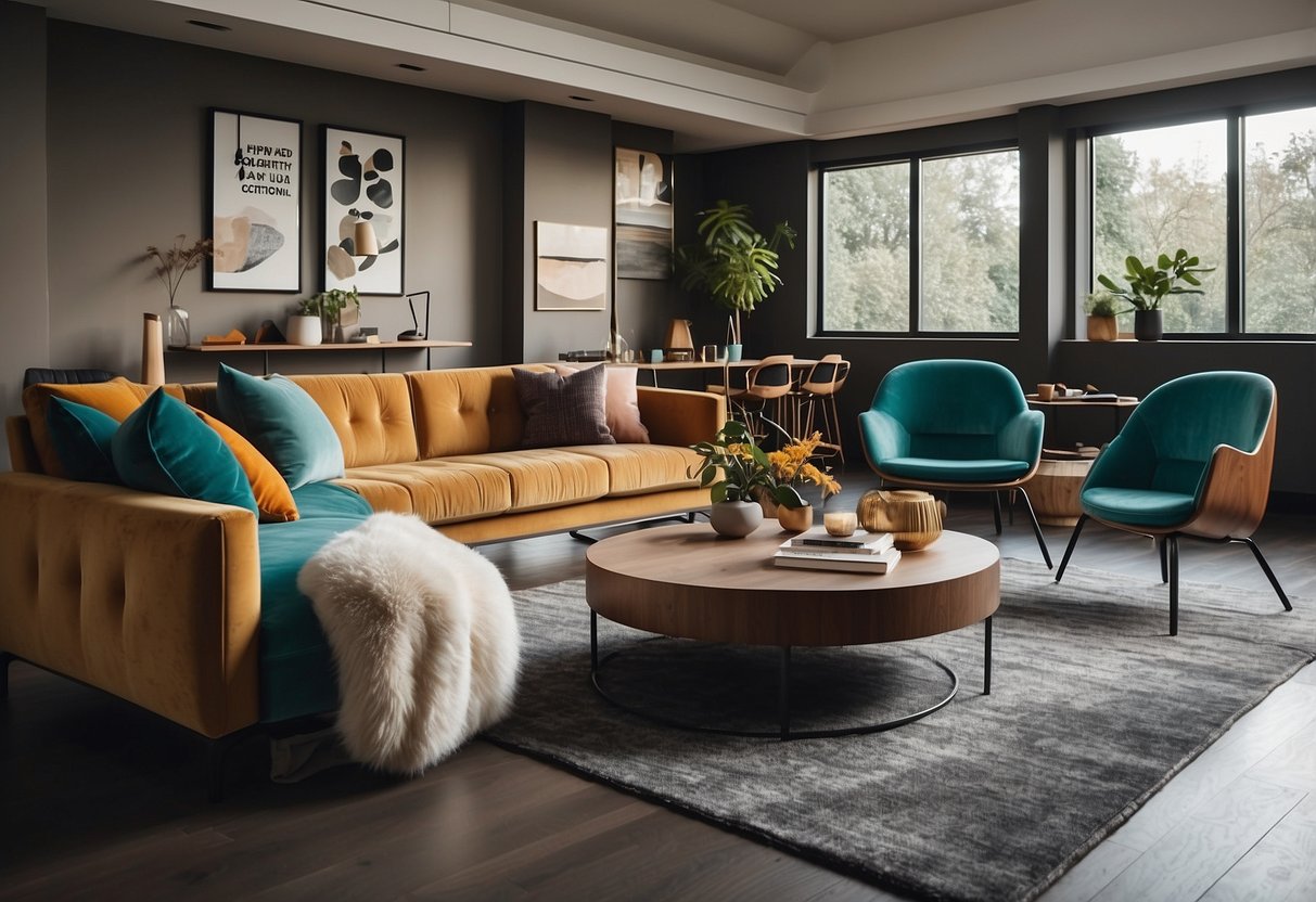 A room filled with modern furniture from HipVan's collection, featuring sleek designs and vibrant colors, creating a stylish and inviting atmosphere