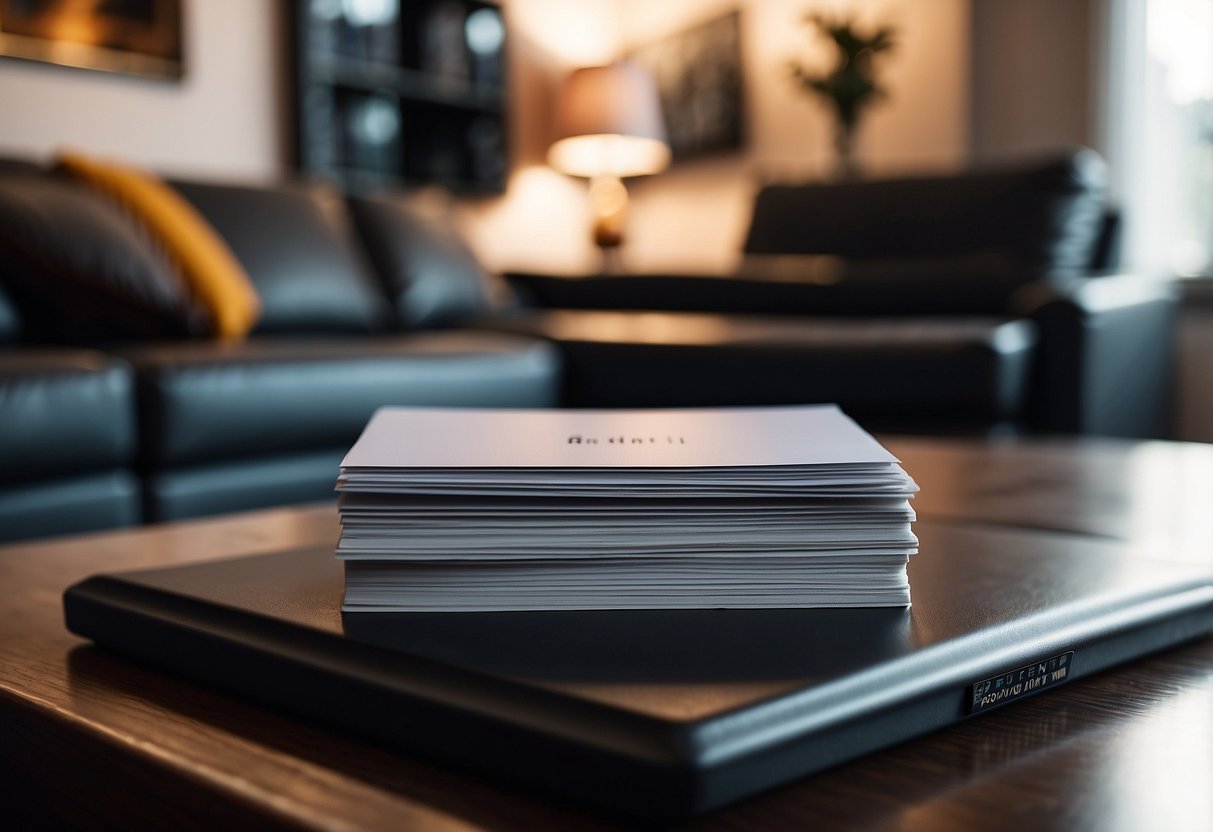 A stack of FAQ cards next to stylish furniture pieces