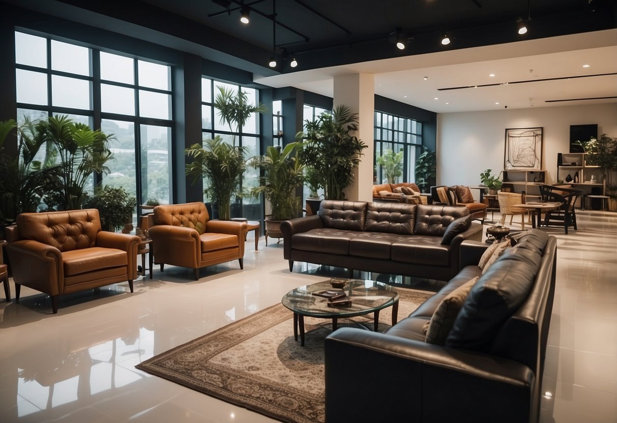 A spacious showroom filled with modern and traditional Johor furniture, bathed in natural light from large windows