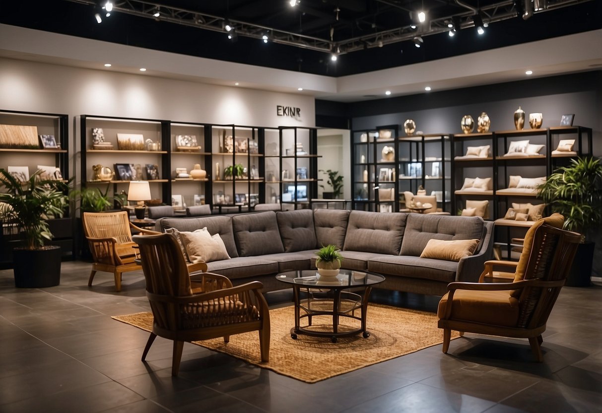 People browsing furniture displays in Johor shops. Various styles and designs on display. Bright lighting and spacious layout