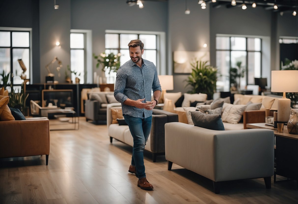 A customer browsing through a wide selection of furniture in a modern and well-lit showroom, with helpful staff providing personalized service