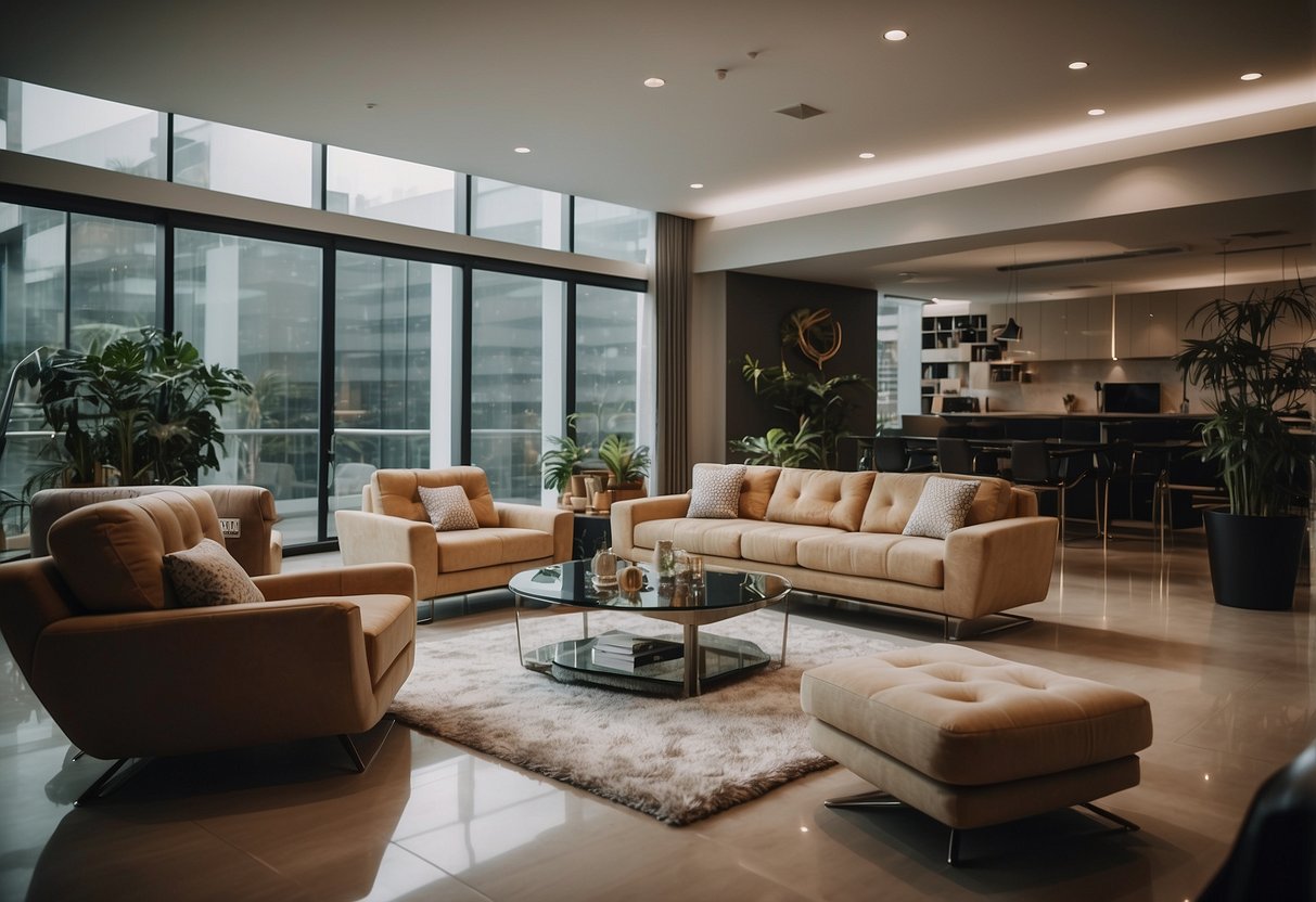 A room with various furniture pieces labeled "Frequently Asked Questions johor furniture" in a clean and modern setting
